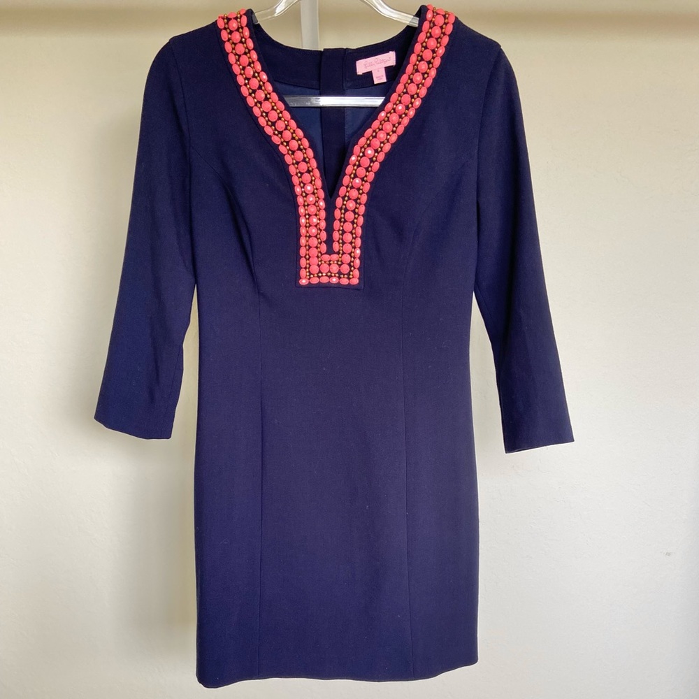 Lilly Pulitzer “Bennett” Navy Blue Dress with Coral Beads Beading